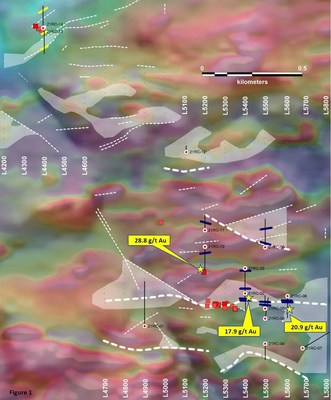 Map showing location of drill-holes completed at Root & Cellar draped of total magnetic intensity and the location of high-grade gold samples reported in this press release.  Blue lines represent intervals of hydrothermal breccia intersected in drill-holes and projected to surface. Yellow lines represent intervals of pyritic quartz veins and quartz-sercite-chlorite-pyrite schist intersected in drill-holes and projected to surface. (CNW Group/Northern Shield Resources Inc.)