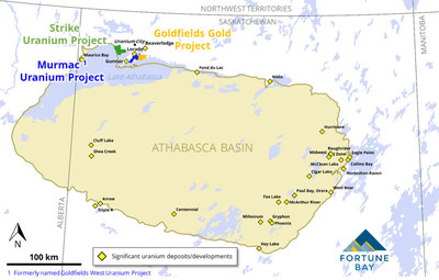 Figure 1: Location of the Goldfields, Strike and Murmac Projects relative to the Athabasca Basin. (CNW Group/Fortune Bay Corp.)