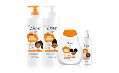 The Dove Kids Care Hair Love collection includes Shampoo, Conditioner, Detangler, and Curl Cream.