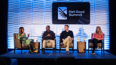 Photo of the "Travel as a Force For Good" panel at the Net Good Summit featuring Dr. Lourdes Maurice, Jerry Mpufane, Chris Allison, and Sheelagh Wylie.