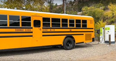 Blue Bird All American electric bus with Nuvve's V2G 60kW DC fast charging station is the first V2G electric bus solution for Durango School District 9-R and La Plata Energy Association.