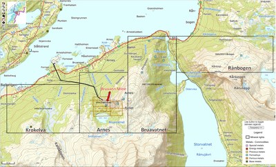 Rana Nickel Project licenses, Bruvann Mine Location and mine access (CNW Group/Electric Royalties Ltd.)