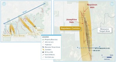 Plan map of the main Napoleon Corridor resource area highlighting recent drilling. (CNW Group/Vizsla Silver Corp.)