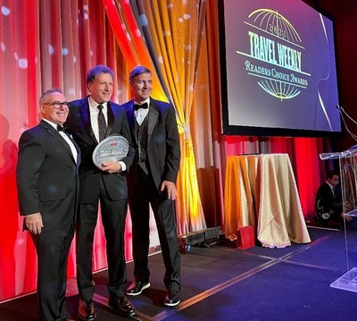 Left to Right: Richard Aquino, Vice President, Sales, Allianz Partners, Arnie Weissman, Travel Weekly Editor-in-Chief, and Tom Trotta, Vice President, Sales & Partnerships, Allianz Partners at the 2021 Travel Weekly Readers’ Choice Awards, held December 16 at the Conrad New York.