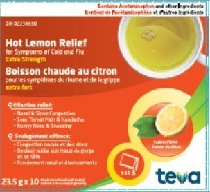 Teva Hot Lemon Relief for Symptoms of Cold and Flu (Extra strength) (CNW Group/Health Canada)