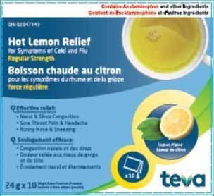 Teva Hot Lemon Relief for Symptoms of Cold and Flu (Regular strength) (CNW Group/Health Canada)