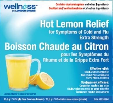 Wellness by London Drugs Hot Lemon Relief for Symptoms of Cold and Flu (Extra strength) (Groupe CNW/Sant Canada)