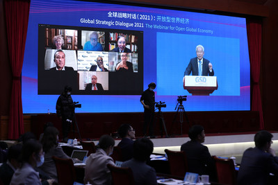 Experts attend the Global Strategic Dialogue 2021, an international webinar on the open global economy co-hosted by the Chinese Academy of Social Sciences and China Daily, on Monday.