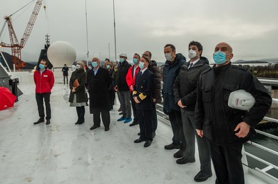 Viking Chairman Torstein Hagen and Executive Vice President Karine Hagen with Viking staff and crew during the ceremonial flag exchange onboard the company’s new expedition ship, Viking Octantis. The ship hosts 378 guests and sets sail tomorrow toward South America to welcome guests in January 2022 for Viking's first voyages to Antarctica. For more information, visit www.viking.com.