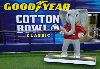 Goodyear unveils a life-sized tire statue of The University of Alabama mascot, Big Al, for the 86th Goodyear Cotton Bowl Classic and College Football Playoff Semifinal. The Big Al statue stands nearly seven feet tall, weighs 260 pounds and is made from 160 Goodyear tires. (Richard Rodriguez/AP Images for Goodyear)