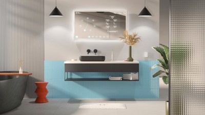 The BConnect Hub (plugged into outlet) enables universal connectivity, allowing smart devices (e.g. toothbrush, bath mat, mirror, and more) to connect to their platforms without using a smartphone.