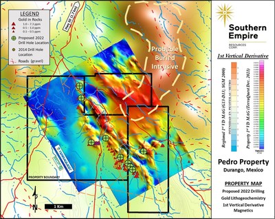 Figure 1. Preliminary Airborne Magnetic Data (1st Vertical Derivative) for the Pedro Gold Project and Proposed Phase 1 Core Drill Hole Locations (green dots) (CNW Group/Southern Empire Resources Corp.)