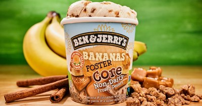 Non-Dairy Bananas Foster has a banana and cinnamon base with almond toffee pieces and a salted caramel core.
