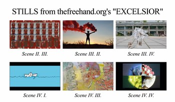 Excerpt stills from The Free Hand's EXCELSIOR showcase some of the broad diversity of artistic disciplines involved in creating the film during quarantine.