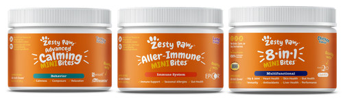 The Mini Bites line includes Zesty Paws®' best-selling products in a mini size: Advanced Calming Mini Bites, Aller-Immune Mini Bites, and the 8-in-1 Mini Bites