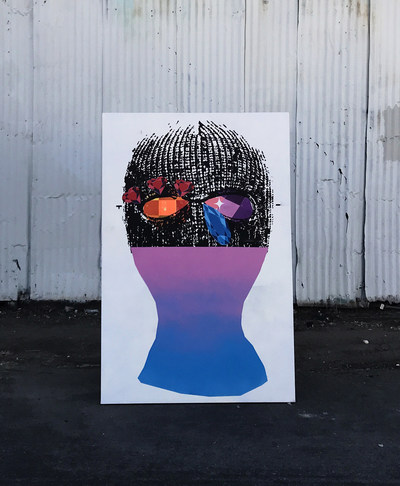 Crying Anti-Face Recognition Mask | 48 x 72 x 2.5 inches | spray paint on canvas (Photo by Dave Thomas for Gambaroff Art)