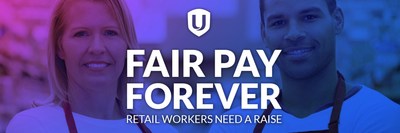 Two retail workers a women and a man. Fair Pay Forever. Retail workers need a raise. (CNW Group/Unifor)