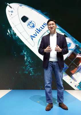 Kisun Chung, CEO of Hyundai Heavy Industries Holdings, makes a presentation about the Group's future vision "Future Builder" at a press conference held during CES in Las Vegas on January 5, 2022.