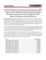 Pembina Pipeline Corporation Declares January 2022 Common Share Dividend, Quarterly Preferred Share Dividends and Announces Fourth Quarter 2021 Results Conference Call and Webcast