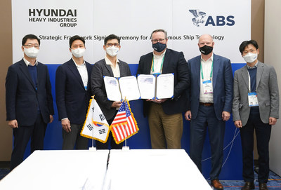 Avikus, HHI Group’s subsidiary specializing in autonomous navigation technologies for ships, signed an MOU with ABS in Las Vegas to obtain the Approval in Principle (AIP) for the implementation of autonomous ship technologies and collaborate on real-life trials of autonomous ship technologies. (From left: WonHo Joo, CTO of HHI; Kisun Chung, CEO of HHI Holdings; Sungjoon Kim, Head of KSOE's Advanced Research Center; Patrick Ryan, CTO of ABS; John McDonald, Executive Vice President of ABS; and Do-hyeong Lim, CEO of Avikus)