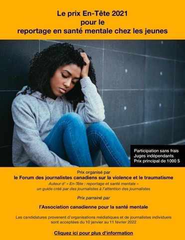 Affiche électronique: Prix En-Tête pour le reportage en santé mentale chez les jeunes, 2021. (Groupe CNW/Le Forum des journalistes canadiens sur la violence et le traumatisme)