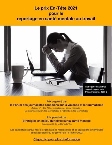 Affiche électronique: Prix En-Têre pour le reportage en santé mentale au travail, 2021. (Groupe CNW/Le Forum des journalistes canadiens sur la violence et le traumatisme)