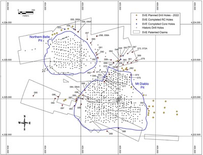 Figure 1.  Drill hole locations of planned holes and previous holes in the Mount Diablo and Northern Belle pits area.