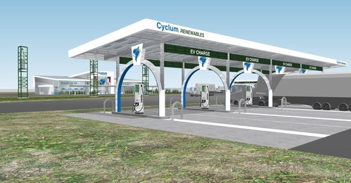 Rendering of EV Charging Terminals at Cyclum's planned network of renewable fuel truck stops.