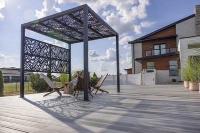 Barrette Outdoor Living's new matte black aluminum Pergola is customizable by adding the company's compatible Decorative Screen Panels (shown here in the Sanibel pattern) to the roof and optional side walls. With a quick assembly time and requiring minimal tools, the 8' x 8' Pergola was designed with both the DIYer and smaller spaces in mind.