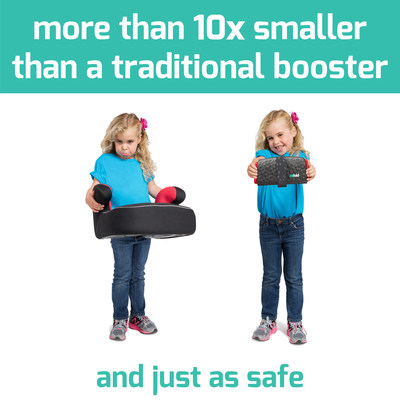 The all-new and improved mifold Comfort grab-and-go booster is more than 10X smaller than regular car boosters. It fits comfortably in a school bag, a glovebox, hand luggage, and a parent's purse. Unlike traditional, big bulky boosters, mifold is perfect for carpooling, taxis and ride-hailing, grandparents, road trips, vacations, rentals, car sharing and fitting three in a row. The new CompactComfort seat cushion is 3X thicker, making mifold Comfort™ a great choice for long and short journeys.
