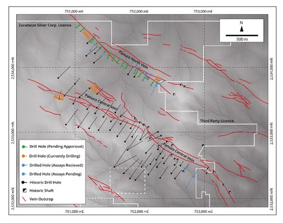 Figure 3: Map of the Panuco deposit including Panuco North showing the Company’s drill hole locations. Historical drill hole traces are also shown (black). The base of the map is a grey scale digital elevation model. (CNW Group/Zacatecas Silver Corp.)