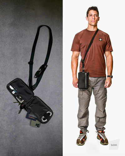 bolstr® Aux Pocket EDC Bag Alternative. Asymmetrical, minimal design with five pockets for a smart phone, wallet, AirPods, passport but not much more. Unique single-point strap with aluminum clip hook for keys and sunglass keeper. Made for men with overstuffed pockets. Patent pending and Made in USA.