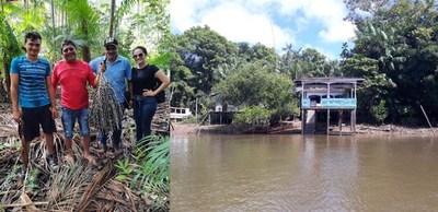 (L) Local holding up an açaí branch filled with fruit. (R) Ribeirinho's home on the river.