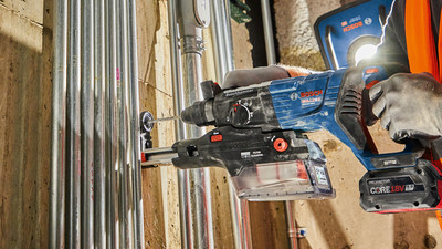 The new Bosch® Power Tools 18V GBH18V-28DCN Brushless Rotary Hammer packs a punch against the toughest of surfaces like concrete paired with the new GDE28D SDS-plus® Dust Collection Attachment provides easy dust removal.