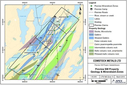 Figure 2: Comstock Metals Ltd. Preview SW Property Area Geology and Mineralized Zones (CNW Group/MAS Gold Corp)