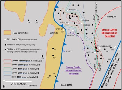 Figure 1. Grade x Thickness Map (AgEq gpt x meters) at Waterpump Creek - * Grade x thickness intervals are based on a minimum $50/tonne gross metal value and spot metal prices of $22/oz Ag, $1.00/lb Pb, and $1.30/lb Zn (CNW Group/Western Alaska Minerals Corp)