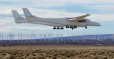 The Stratolaunch Roc carrier aircraft makes a low approach maneuver over Mojave Air and Space Port during its third test flight on Jan. 16, 2022