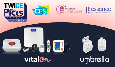 Essence Group’s TWICE Picks award winning solutions for best and most influential technology at CES 2022, Umbrella 5G-Enabled Mobile PERS Device and VitalOn Remote Patient Monitoring Platform (PRNewsfoto/Essence Group)