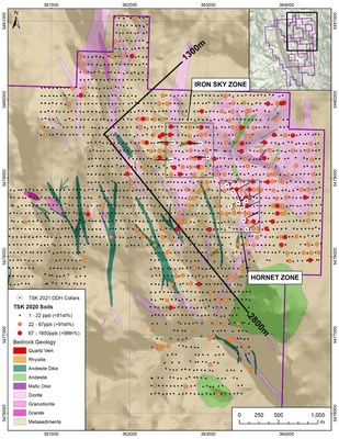 Figure 3: 2020 Regional Geochemistry with Geology and Drill Collar Locations. (CNW Group/Talisker Resources Ltd)