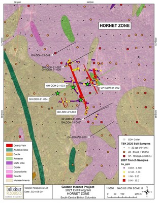 Figure 4: Drill Collar locations overlaid on geology and geochemistry within the Main Hornet Zone. (CNW Group/Talisker Resources Ltd)