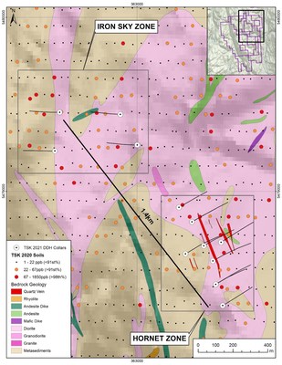 Figure 5: All drill hole locations showing strike extent between the Main Hornet Zone and the Iron Sky Zone. (CNW Group/Talisker Resources Ltd)