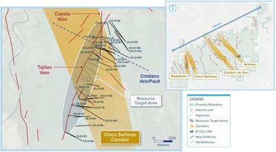 Plan map of the Tajitos resource drilling area along the Cinco Senores Vein Corridor. (CNW Group/Vizsla Silver Corp.)