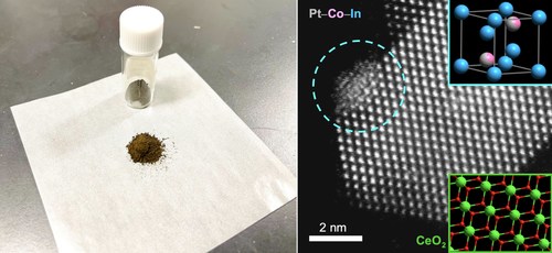 (Left) The platinum-cobalt-indium catalyst in powder form; (Right) an electron micrograph of the catalyst (structure in top inset) on cerium oxide (CeO2, structure in bottom inset) support. (Shinya Furukawa). (PRNewsfoto/Hokkaido University) (Left) The platinum-cobalt-indium catalyst in powder form; (Right) an electron micrograph of the catalyst (structure in top inset) on cerium oxide (CeO2, structure in bottom inset) support. (Shinya Furukawa). (PRNewsfoto/Hokkaido University)