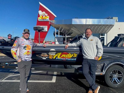 Fishing for Sweet Treats at Andy's Frozen Custard! Professional Angler Mike McClelland has already landed his first big win for the 2022 season.  The eight-time professional level tournament winner, with 35 top 10 finishes and more than $2.1 million in earnings, recently announced a partnership with Andy's Frozen Custard stores in Oklahoma, Texas, Florida and other select locations. Mike McClelland, Professional Bass Angler (left) with Eric Reed, Ranchers Custard Company (right.)