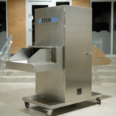 Steribin F3, UV-C disinfection featuring pulsed UV light and a versatile conveyor belt. Model types available for security trays, food processing, packaging, and more.