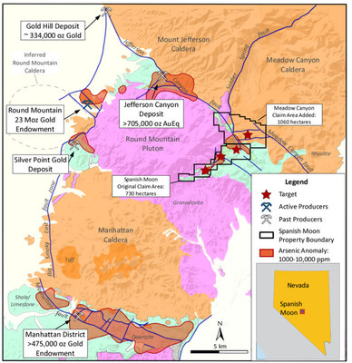 Figure 2. Digital geologic map of Nevada from the Nevada Bureau of Mines and Geology showing the regional geology to include major faults, gold and silver mineral occurrences and arsenic anomalies (Shaw, 2003). Round Mountain and Gold Hill gold endowment from Patterson (2020) and Kinross (2021), Jefferson Canyon inferred gold resource from Gold79 (2022), and Manhattan District gold endowment from Western Mining (2022). (CNW Group/Eminent Gold Corp.)