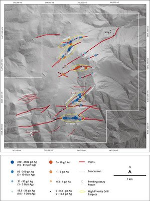 Figure 3 – Map of Santas Gloria Silver Property showing vein distribution on shaded relief DEM. Note highly silver and gold anomalous veins. (CNW Group/Mantaro Precious Metals Corp.)