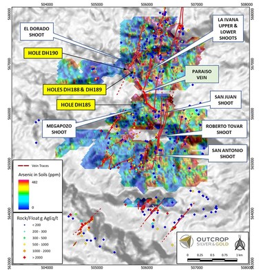 Figure 1. Map of the Santa Ana project showing high-grade shoots and collar locations for holes in this release. (CNW Group/Outcrop Silver & Gold Corporation)