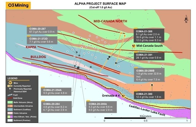 Figure 1: Alpha Project Drilling Map (CNW Group/O3 Mining Inc.)