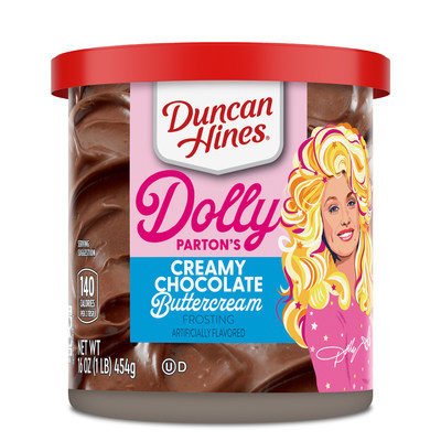 Duncan Hines Dolly Parton's Creamy Chocolate Buttercream Frosting - available online in the limited-edition Dolly Parton's Baking Collection starting Jan. 26, 2022 and in stores beginning in March.
